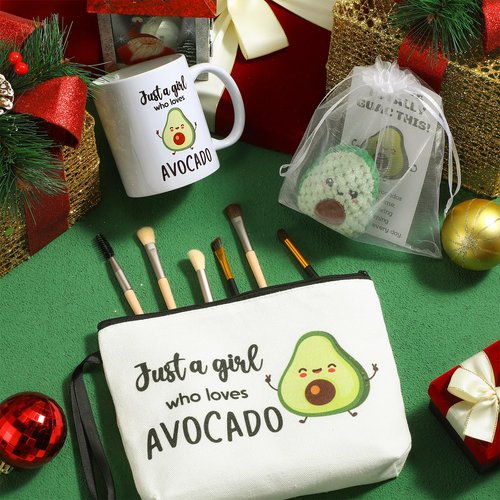 Nuogo 5 Pcs Avocado Gifts Cute Crochet Makeup Bag Coffee Mug with Positive Inspirational Card for Girl Employee Appreciation Avocado Lovers Birthday