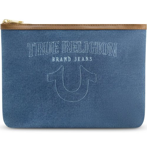 True Religion Women's Makeup Bag, Small Travel Cosmetic Zipper Pouch Organizer, Gold Hardware, Denim