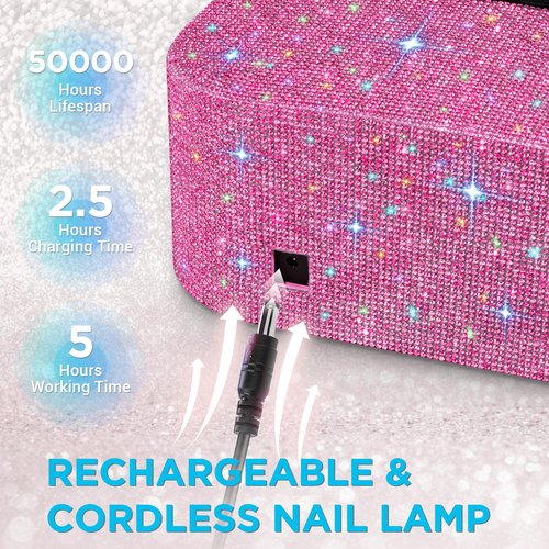 Cordless UV Nail Lamp, Rechargeable UV Light for Gel Nails, LED Nail Lamp with 4 Timer Modes, Gel Nail UV Light Decorate with Sparkling Nail Rhinestones, Nail UV Light Fits for Salon/Home