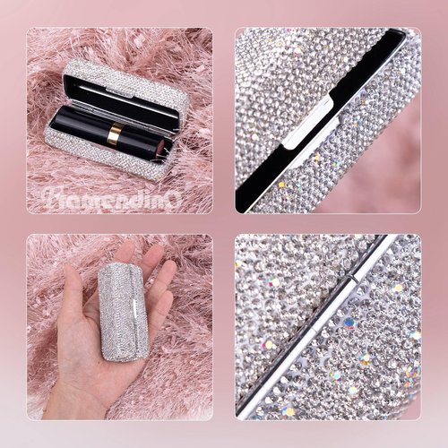 Framendino, Rhinestone Lipstick Case with Mirror Bling Crystal Lip Pomade Holder for Women (Silver)