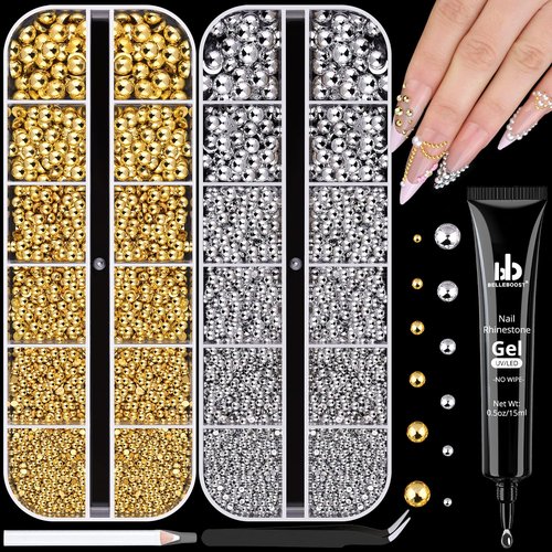 Silver and Gold Nail Charms and Gems wiith Glue, 1.5-5mm Half Round Nail Pearls for Nails with Pickup Pencil and Tweezers, Pearl Nail Charm Rhinestones for Crafting Face Hair Manicure DIY Decor