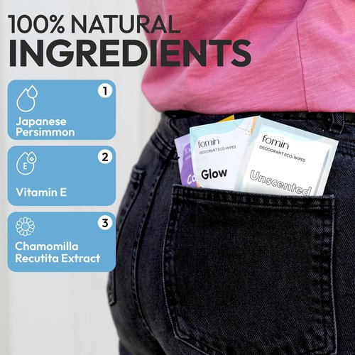 FOMIN Travel Deodorant Wipes - 50 Count - Unscented - pH Balanced, Hypoallergenic Mini Deodorant For Women and Men - Plastic-Free, Individually Wrapped Underarm & Body Wipes