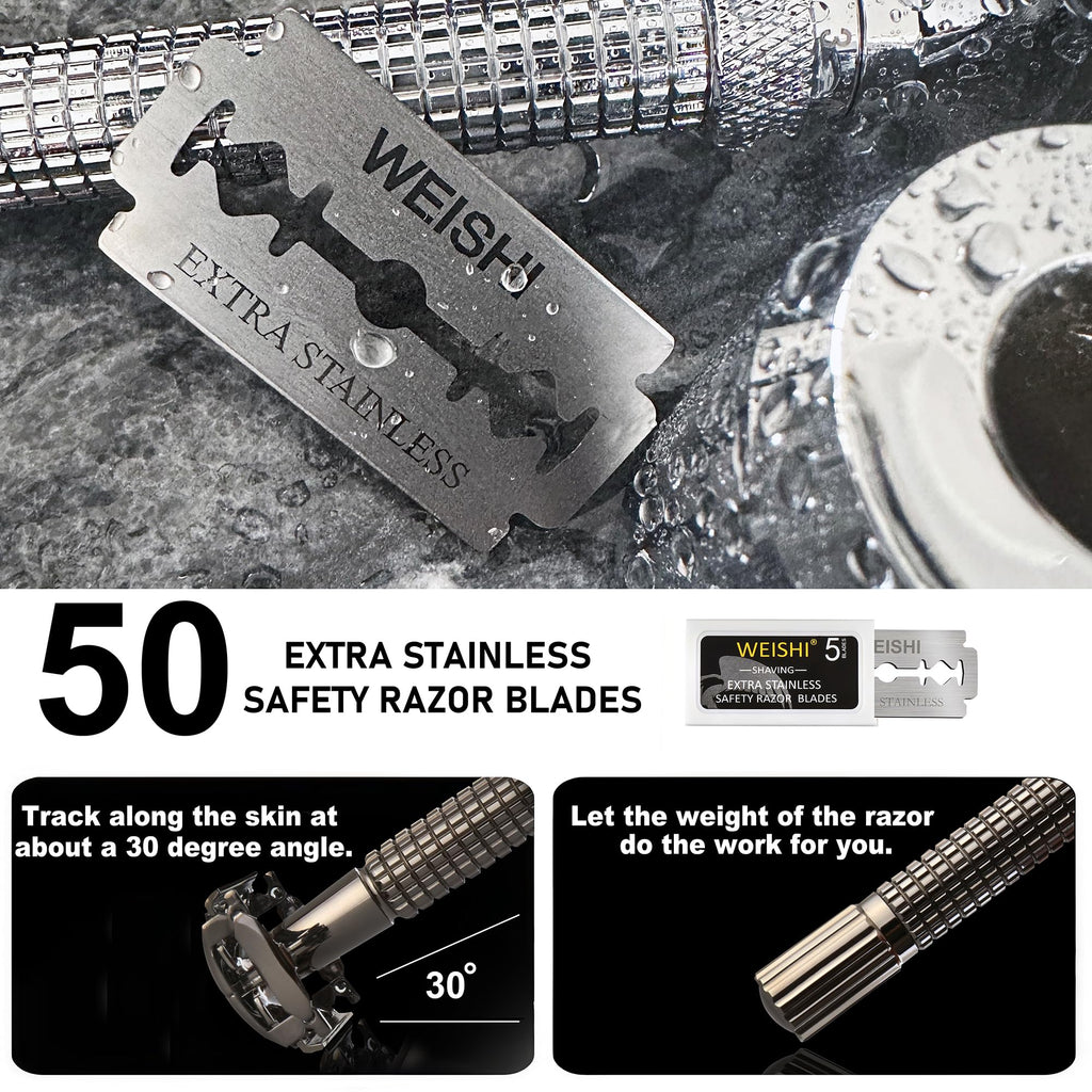 WEISHI 50Count Single Edge Razor Blades- Double Edge Safety Razor Extra Stainless Blades -Men's Safety for Shaving
