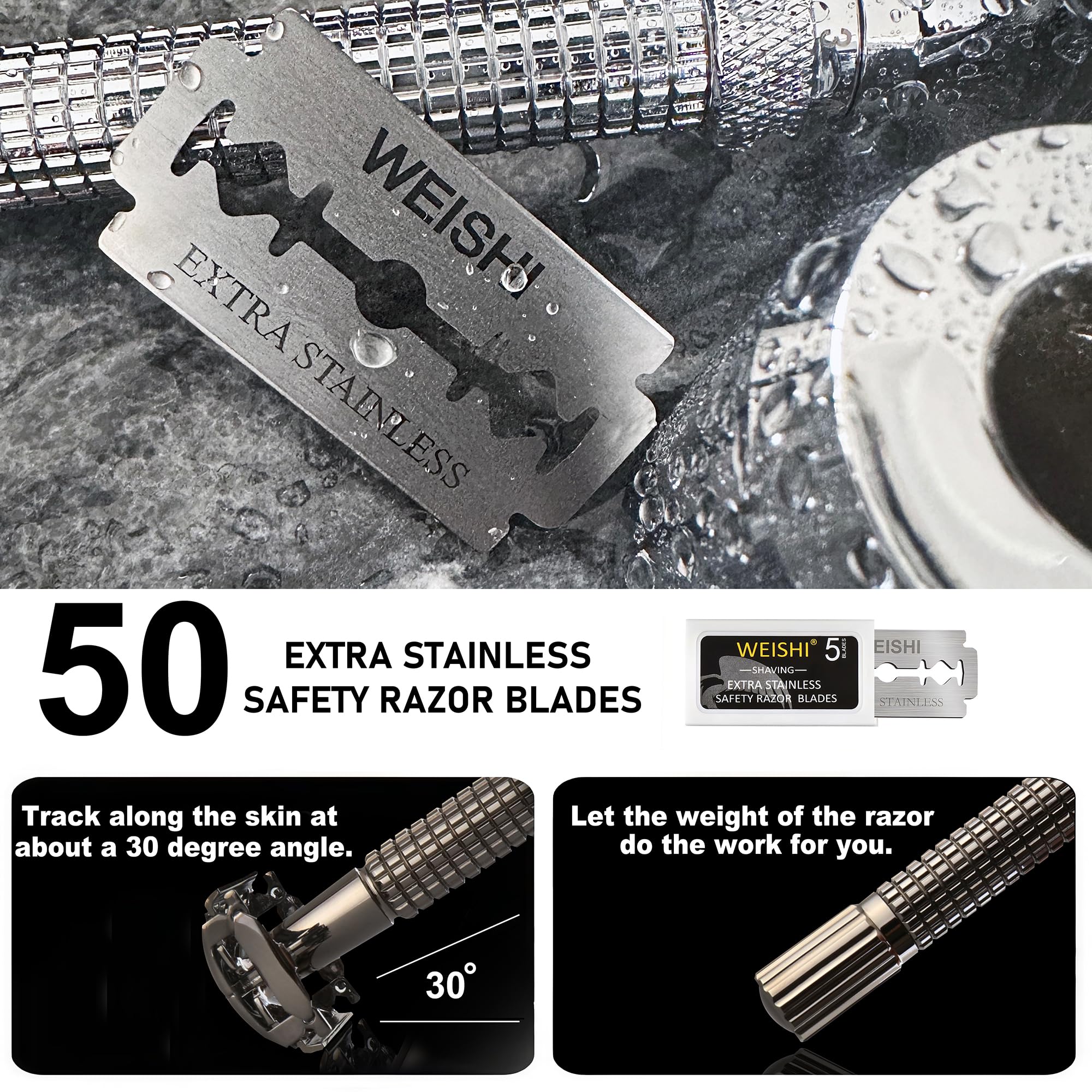 WEISHI 50Count Single Edge Razor Blades- Double Edge Safety Razor Extra Stainless Blades -Men's Safety for Shaving