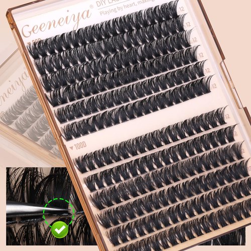 Geeneiya 12MM Volume Lash Clusters D Curl Cluster Eyelash Extensions Thick Cluster Lashes Only 12MM 80D+100D DIY Lash Extension Waterproof