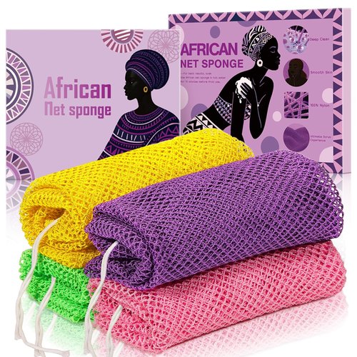 SpiralScgv 4 Pieces Real African Net Sponge – Exfoliating for Smooth & Glowing Skin – Long-Lasting Nylon Mesh, Quick-Dry for Daily Shower Use (Yellow, Pink, Purple, Green)