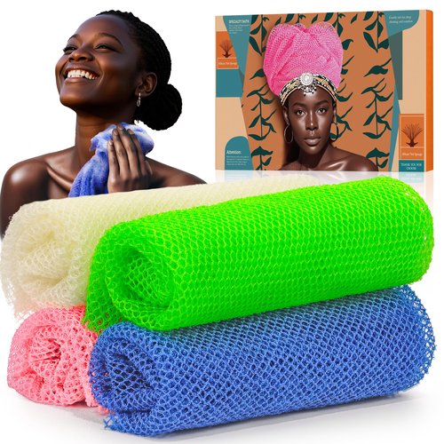 SpiralScgv 4 Pieces African Net Sponge – Premium African Net Sponge for Deep Exfoliation Quick-Dry and Reusable Mesh for Smooth Skin（Black Blue White Pink）