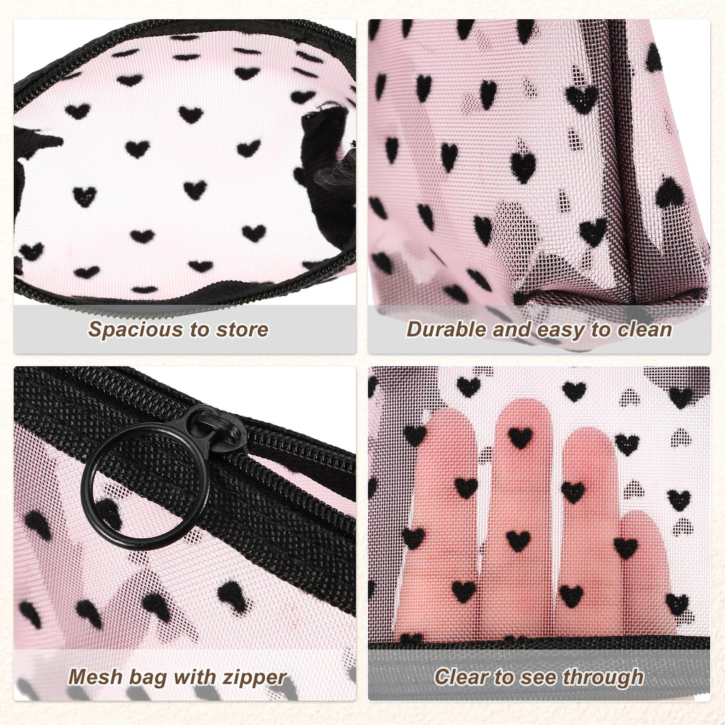 VOCOSTE 4pcs Heart Shape Print Mesh Makeup Bag, Makeup Bag Clear, Mesh Bags with Zipper, Clear Makeup Pouch Mesh Bags, Make Up Bags for Women, Pink