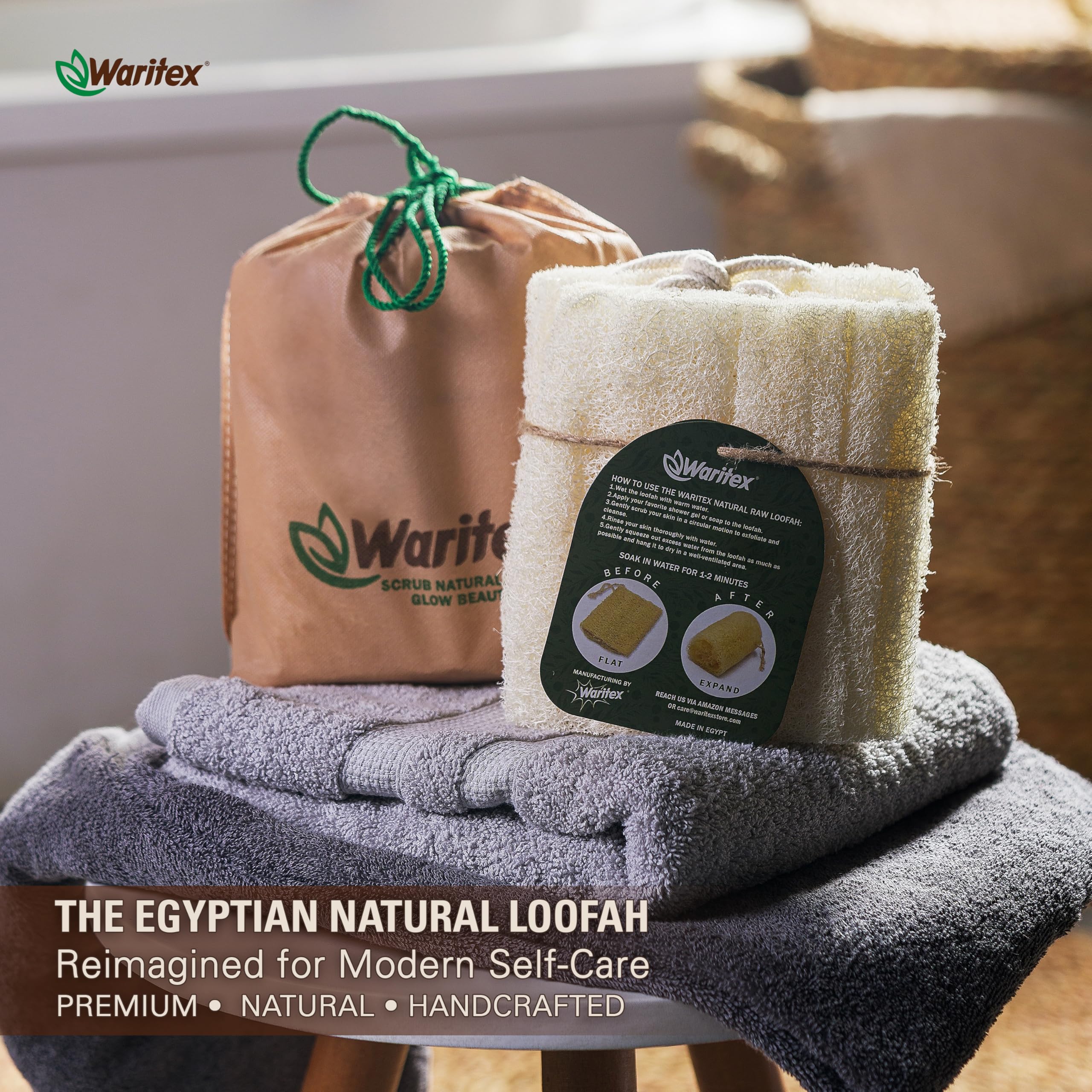 Waritex Premium Natural Egyptian Loofah Sponges, Made from 100% Natural Organic Material, Gentle Skin Exfoliation, and Full-Body Spa Experience – Eco-Friendly Loofah 2 Count (1 Pack)