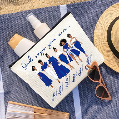 VeloKomo Sorority Gifts Makeup Bag - Blue Waterproof Linen Cosmetic Bags Portable Travel Party Accessories Toiletry Pouch Appreciation Christmas Birthday Gift for Women Girls Friend Bestie Coworker