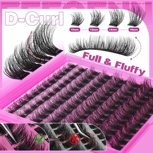 Self Adhesive Eyelashes Fluffy Self Adhesive Lash Clusters Pre Glue Eyelash Clusters Wispy Cluster Eyelash Extensions 10-16mm No Glue Needed Individual Lashes DIY Lash Extension Kit with Tweezers