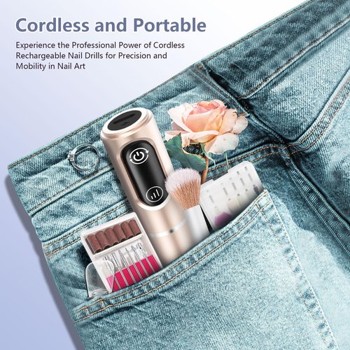 TUOBEO Cordless Nail Drill Electric Rechargeable File Kit, Professional Efile Acrylic Gel Nail Polish Remover Pedicure Manicure Machine Portable Set with 11 Bits 56 Sanding Bands for Salon Home Gold