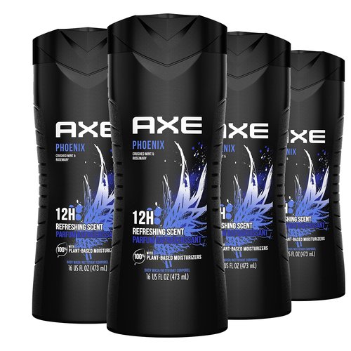 AXE Body Wash Phoenix 4 Count 12h Refreshing Scent Crushed Mint & Rosemary Men's Body Wash with 100% Plant-Based Moisturizers 16 oz