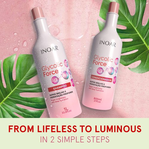 Inoar Glycolic Force Shampoo & Conditioner Bundle with Glycolic Acid for Deep Cleansing, Intense Hydration & Renewed Shine, 2 x 16.9 fl.oz