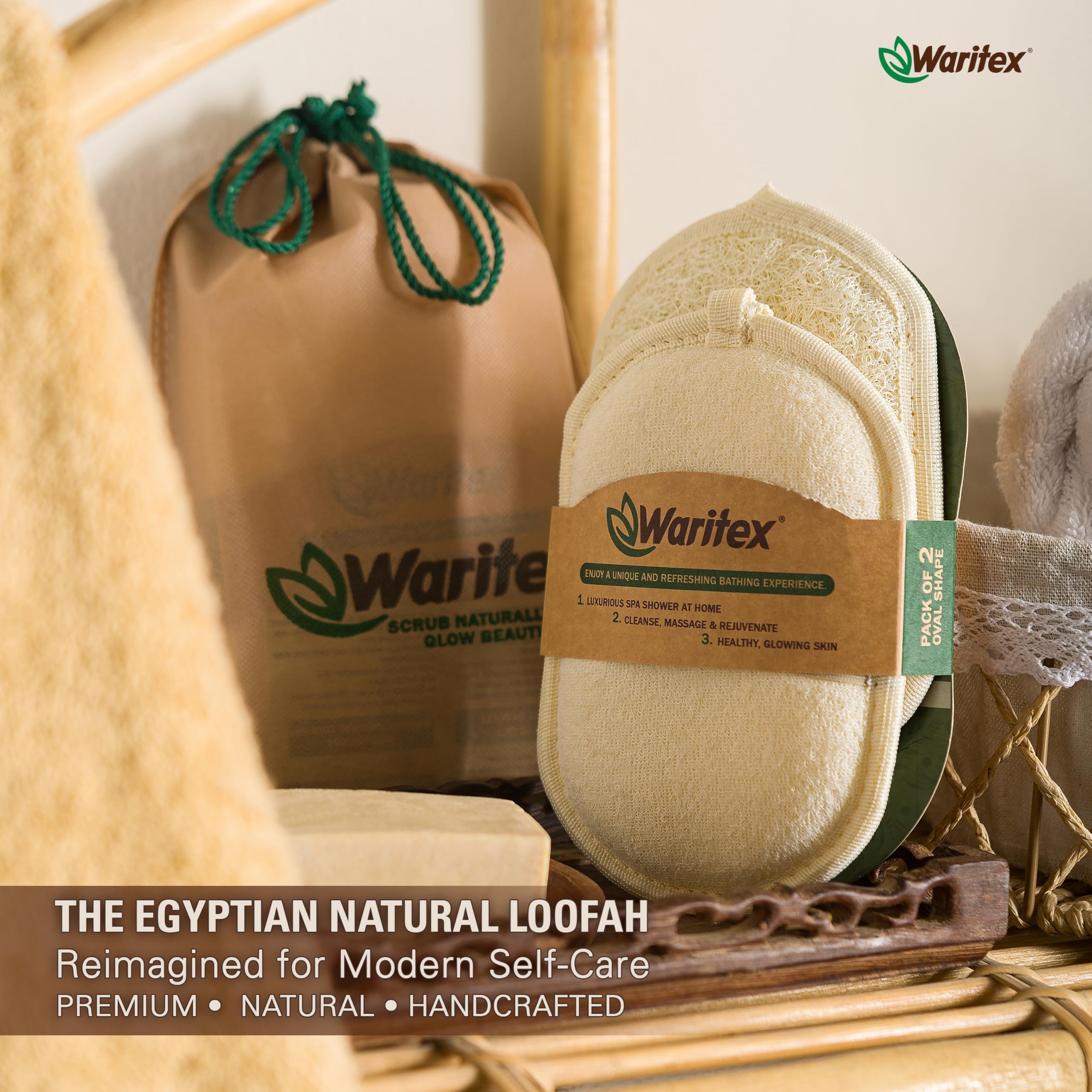 Waritex Egyptian Loofah Exfoliating Body Scrubber with Hand Strap, Oval Shower Pads Made from Natural Egyptian Loofah Fibers, Gentle Cleansing for Face and Body, for Men and Women 2 Count (1 Pack)