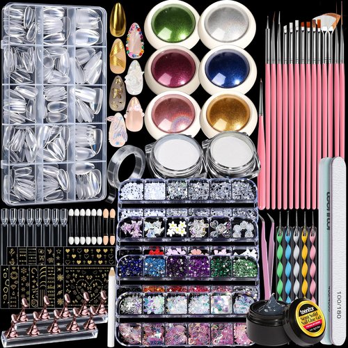 Teenitor Acrylic Nail Kit With Chrome Powder, Almond Tips, Art Brushes, Charms, 3D Gel, Tools, Stand - Beginner Set