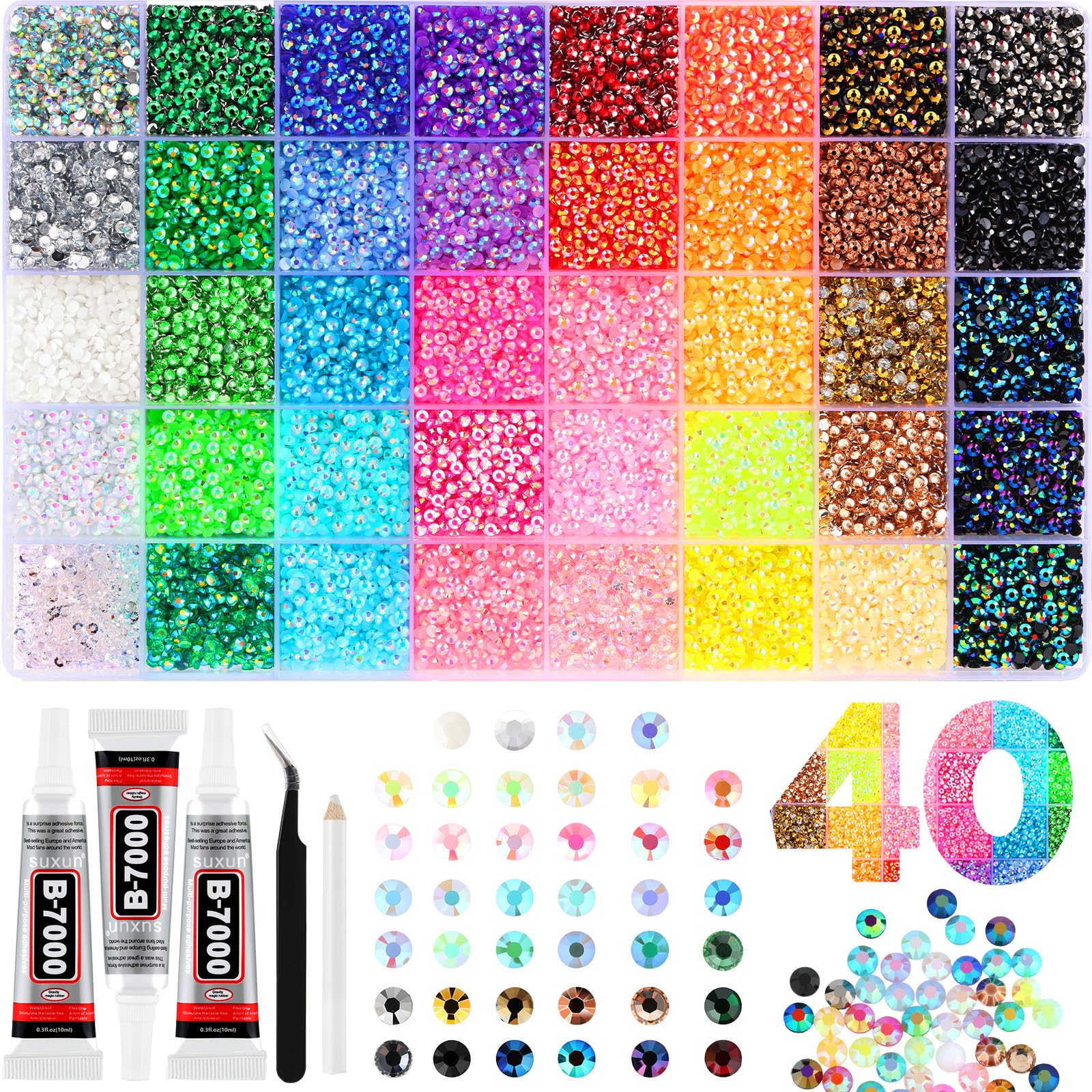 Zefy 40 Colors Resin Jelly Rhinestones for Bedazzling, 3mm 32000 Pcs Flatback Gems for Crafting, Bedazzling Kit with 3Pcs B7000 Glue for Clothing Shoes Nail Book Diamond Art