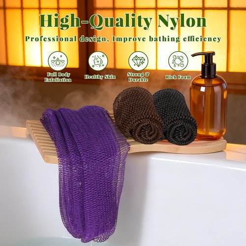 African Net Sponge Authentic, 3 Pieces Exfoliating Scrubber Bath Sponge for All Skin Types, Back Scrubber Loofah Washcloth for Shower, Gentle Exfoliation (Brown,Purple,Black)