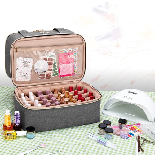 BAFASO Nail Polish Organizer Holds 40 Bottles (15ml - 0.5 fl.oz) and a Nail Lamp, Nail Polish Carrying Case with Manicure Tools Storage Sections (Bag Only), Gray