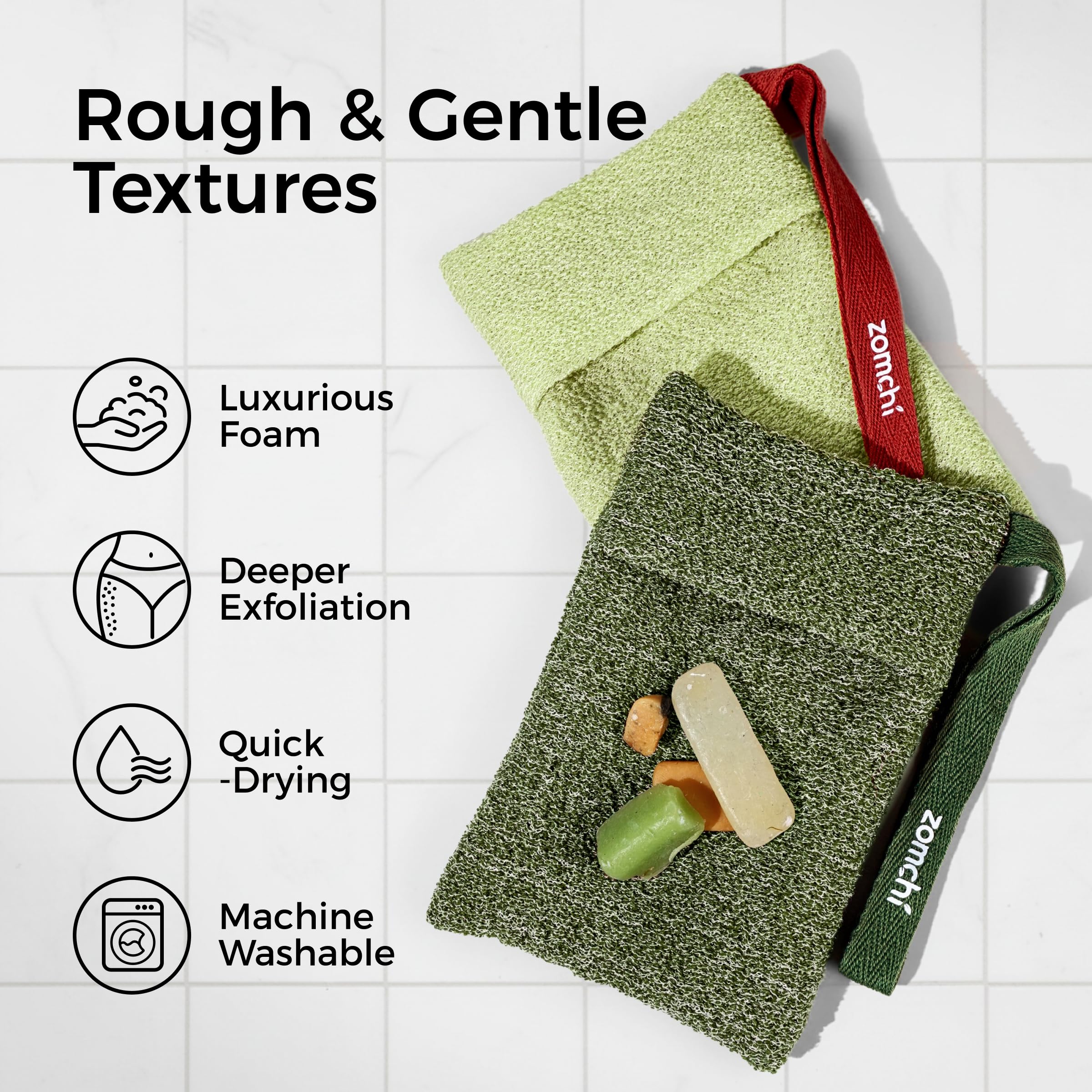 ZOMCHI Exfoliating Bar Soap Pouch, 2 Pack Soap Bags with Coarse & Gentle Mesh for Effective Exfoliation, Soap Saver Bags for Rich Lathering and Deep Cleansing (Olive Green)