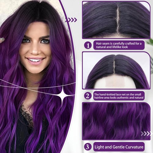 BUPPLER Cosplay Long Black to Purple Wig 28 Inch Middle Part Synthetic Wig Realistic Gifts Party Wigs for Women Daily Use Colorful Wigs (Black to Purple)