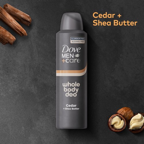 DOVE MEN + CARE Whole Body Deo Aluminum Free Deodorant Spray Cedar + Shea Butter Suitable from Pits, Privates, to Feet with Vitamin E 4 oz