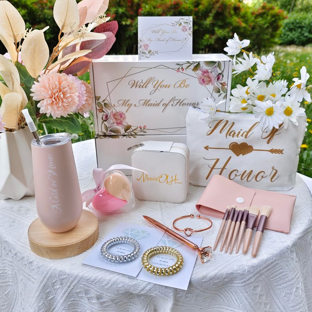 Will You Be My Maid of Honor Gift Box,Maid OF Honor＆Bridesmaids Proposal Gifts Set of 10-Bachelorette&Wedding Party Engraved with "Maid of Honor" 6oz stainless steels Cup,Jewelry box,Makeup Bags,Card