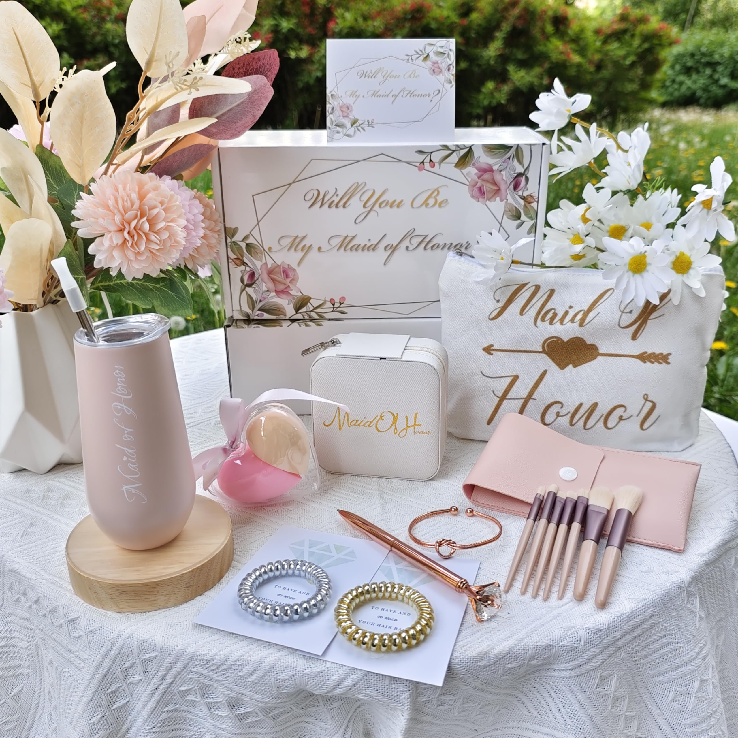 Will You Be My Maid of Honor Gift Box,Maid OF Honor＆Bridesmaids Proposal Gifts Set of 10-Bachelorette&Wedding Party Engraved with "Maid of Honor" 6oz stainless steels Cup,Jewelry box,Makeup Bags,Card