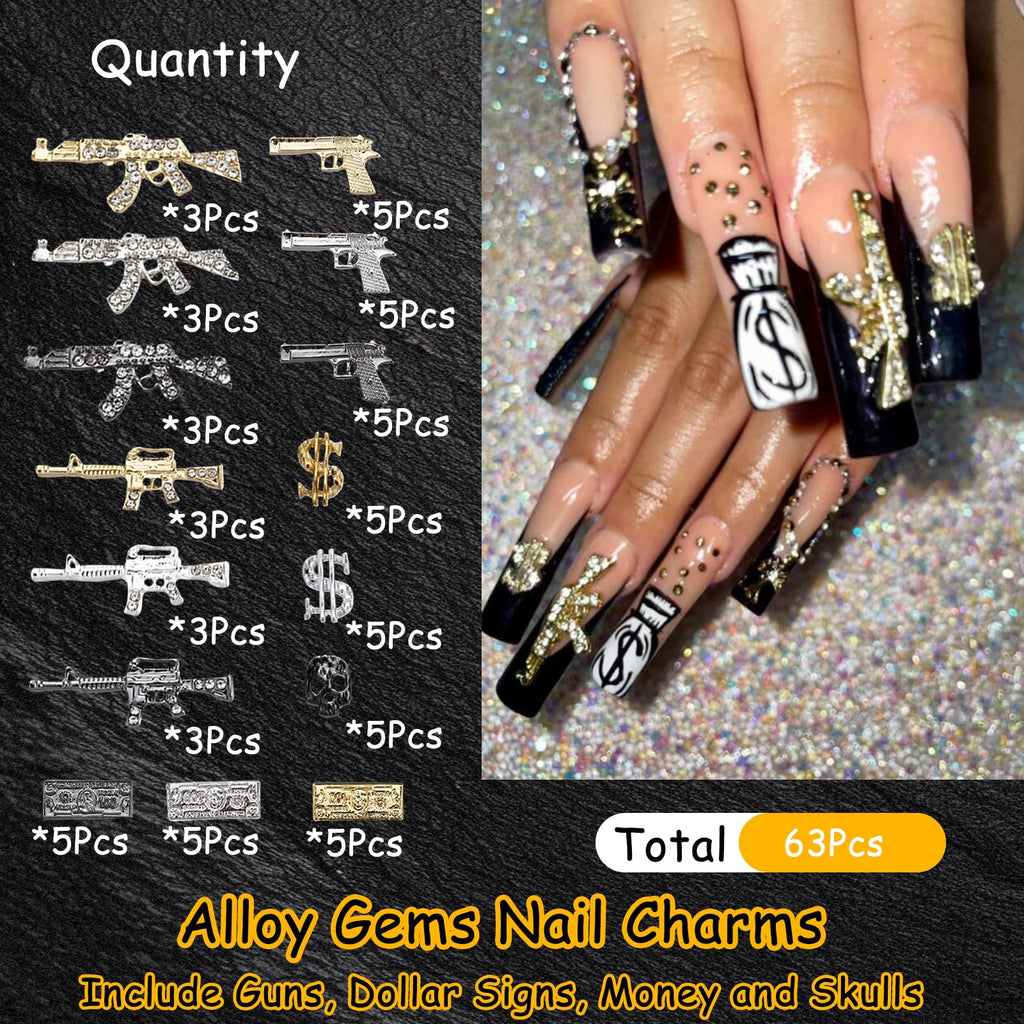 ZUMILLMN 63PCS 3D Nail Charms - Gold Alloy Dollar, Gun & Coin Charms, Shiny Nail Rhinestones for Nail Art, Manicure, DIY Jewelry Making(Gold、Silver、Black)