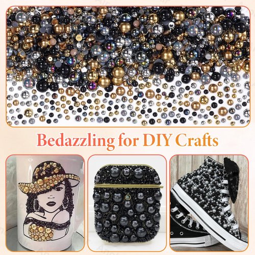 9000Pcs Gold Silver Black Half Pearls for Crafting, Flatback Pearls for Bedazzling, 3-8mm ABS Flatback Gold Pearl for Nails Art DIY Crafts Shoes Clothes Bags DIY Making