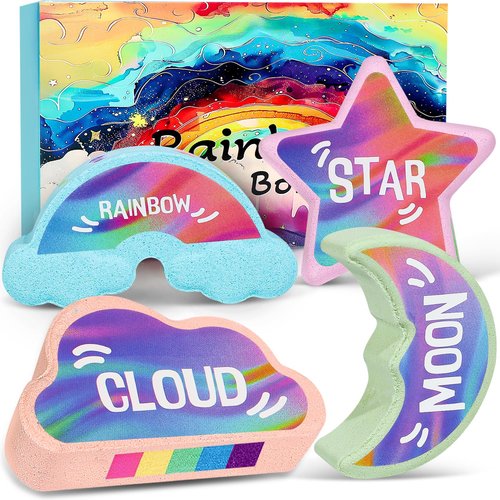 Rainbow Bath Bombs for Kids - 4 Pcs Handmade Natural Kid Bath Bombs, Valentines Easter Gifts for Kids, Girls Easter Basket Stuffers, Organic Bubble Bath