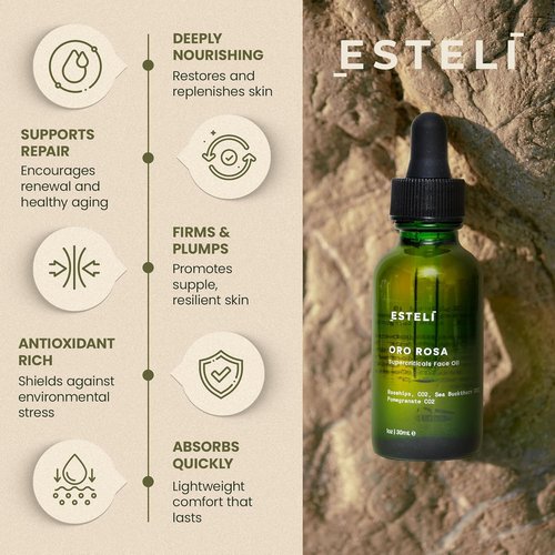 ESTELÍ – Oro Rosa Supercriticals Face Oil – Antioxidant-Rich Hydrating Essence with Rosehip & Sea Buckthorn – Vegan & Fast-Absorbing Formula