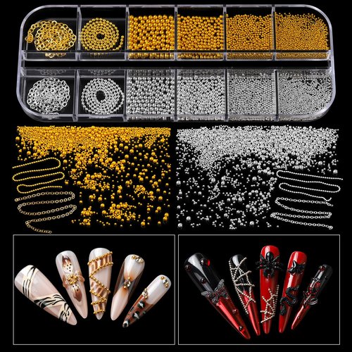 Teenitor Nail Charms and Gems with Nail Stickers, 6 Boxes Silver & Gold Nail Gems and Rhinestones Kit for Women, 3D Nail Art Rhinestones Nail Pearls, Caviar Beads for Nails,Y2K & Cross Nail Charms