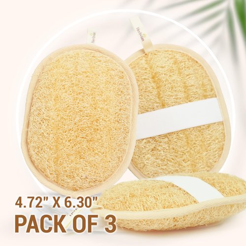 Herbvian Vietnamese Natural Loofah Exfoliating Body Scrubber Pads, 100% Plant-Based Shower Luffa Sponge, Bath Loofah for Women Men (Pack of 3)