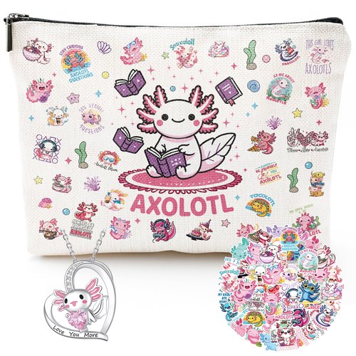 Silkovahamd Axolotl Gifts for Women - Cute Axolotl Necklace, Makeup Bag & 50Pcs Stickers Set - Unique Salamander Themed Present for Girl, Daughter, Axolotl Lover Birthday Christmas Velentine Day