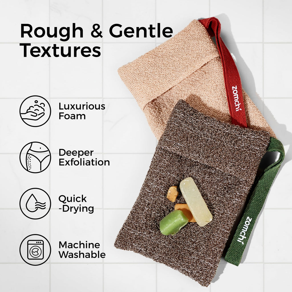 ZOMCHI Bar Soap Saver Bags, 2 Pieces Exfoliating Soap Bag with Different Roughness, Soap Bar Loofah for Men and Women, Body Scrubber Exfoliator for Smooth Clean Skin (Brown)
