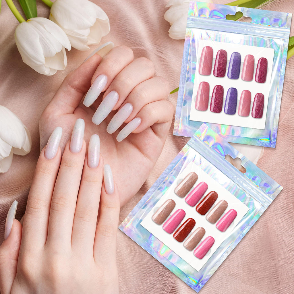 YHNTGB 100 Sets Empty Press on Nail Packaging Including Holographic Bags White Card and Transparent Tape for Manicurist Small Business Office Home