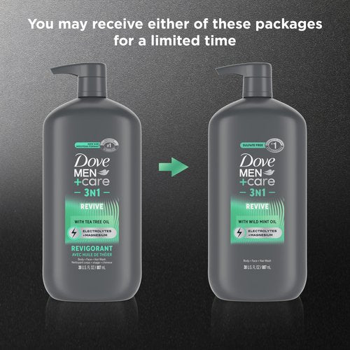 DOVE MEN + CARE Body and Face Wash Invigorating Revive 3N1 with Tea Tree Oil, with 24-Hour Nourishing Micromoisture Technology, 30 oz