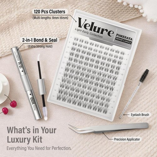 PHKERATA Velure Lash Clusters Kit Natural Eyelash Clusters Wispy Lash Extension Kit Invisible Clear Band Lashes DIY Cluster Eyelash Extensions with Bond and Seal Tweezers, 8-16mm, 120Pcs