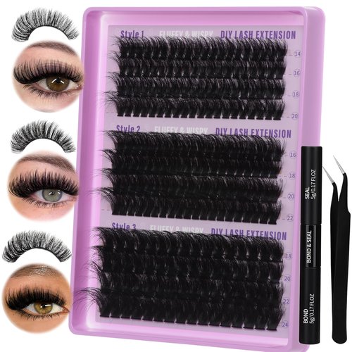 Lash Extension Kit 14-24mm Lash Clusters Kit 60D+80D+100D Thick Volume Eyelash Extension Kit D Curly DIY Individual Lashes 3 Style Lashes with Waterproof Lash Bond and Seal and Tweezers