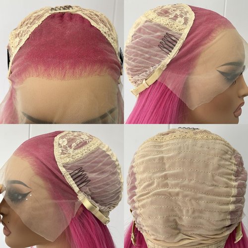 RONGDUOYI Hot Pink Wig Long Wavy Hair Wig Pink Curly Synthetic Lace Front Wig Water Wave Glueless Red Deep Wave Lace Front Wigs for Women Party Cosplay