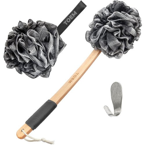 Toem® Loofah Back Scrubber for Shower | Bamboo Charcoal Fiber Infused | Loufas for Men & Women | Includes 1 Long Handled Shower Sponge, 1 Bath & Shower Luffa Pouf & 1 Hook to Hang Stuff (Slate Grey)