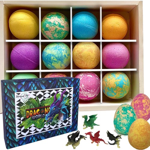 Bath Bombs for Kids with Surprise Inside - 12 Organic Bubble Bath Fizzies with Dragon Egg Toys. Gentle & Kids Friendly w/Rich Bubbles & Rainbow Colors, Easter Basket Essentials for Boys, Girls, Kids