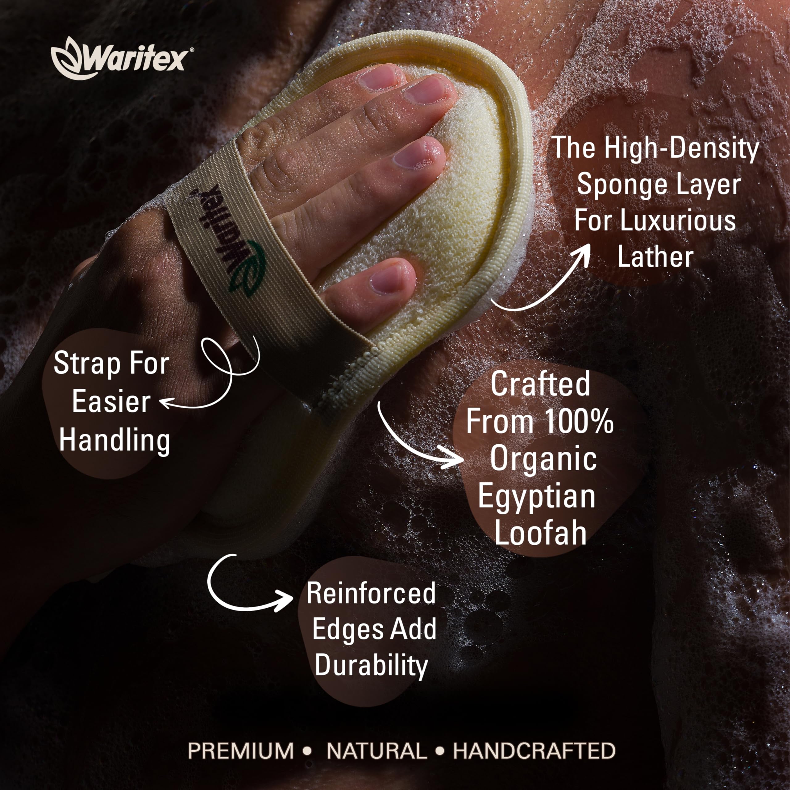 Waritex Egyptian Loofah Exfoliating Body Scrubber with Hand Strap, Oval Shower Pads Made from Natural Egyptian Loofah Fibers, Gentle Cleansing for Face and Body, for Men and Women 2 Count (1 Pack)