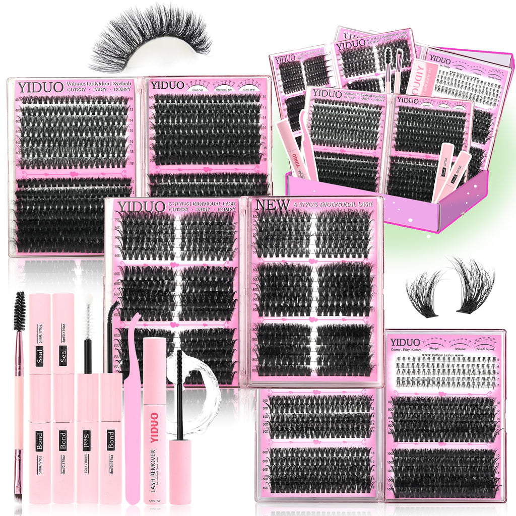 YIDUO 6 Box Mix Lashes Clusters Kit Gift Packs 1686Pcs with 2X Bond&Seal Volume Mega/Bottom Soft Extension False Eyelash D Curl Wispy Natural DIY Individual Fake Eyelashes for Beginners Bulk Pack