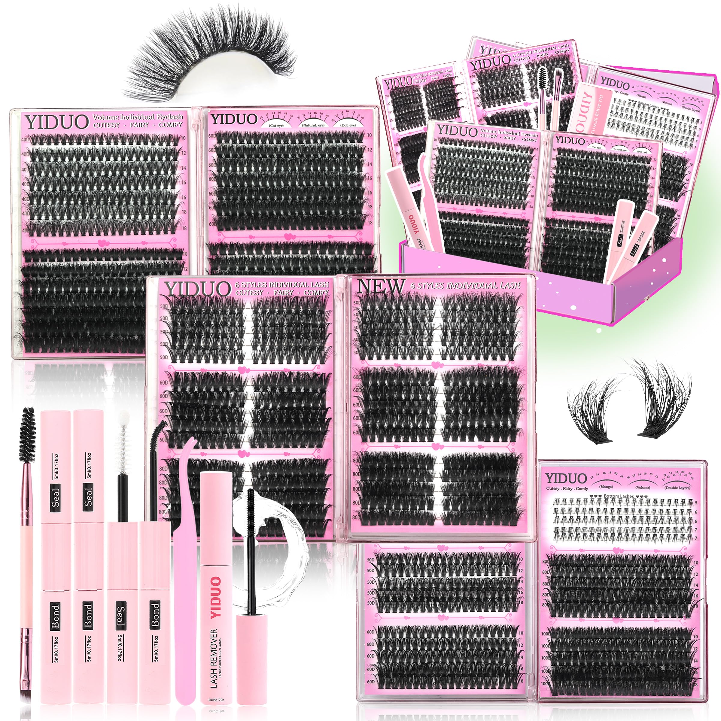 YIDUO 6 Box Mix Lashes Clusters Kit Gift Packs 1686Pcs with 2X Bond&Seal Volume Mega/Bottom Soft Extension False Eyelash D Curl Wispy Natural DIY Individual Fake Eyelashes for Beginners Bulk Pack