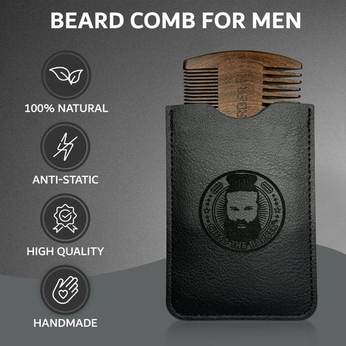 Sandalwood Beard Comb for Men – Pocket-Size Anti-Static Wooden Grooming Comb with Protective Case – For Beard, Mustache & Hair