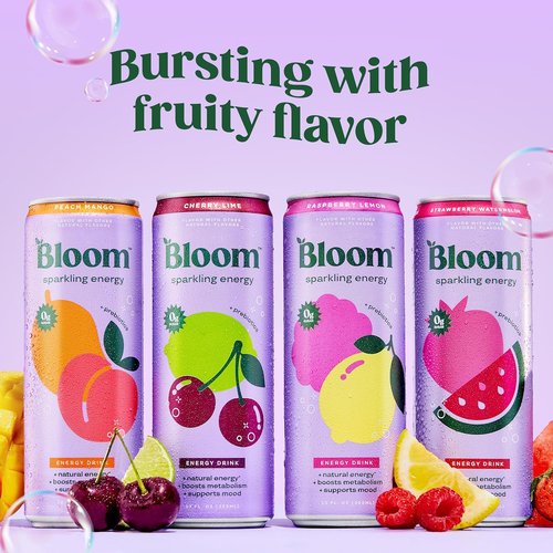 Bloom Nutrition Sparkling Energy Drink - Variety Pack with Natural Caffeine & Zero Sugar - 180mg Caffeine, Antioxidant-Rich, 12oz (12 Pack)