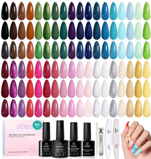 Beetles Gel Nail Polish Set - 44 PCS Brown Nude Burgundy Gel Polish Nails Fairytale Town Collection with 4Pcs Base Glitter Matte Glossy Top Coat Soak off Uv Gel DIY Manicure