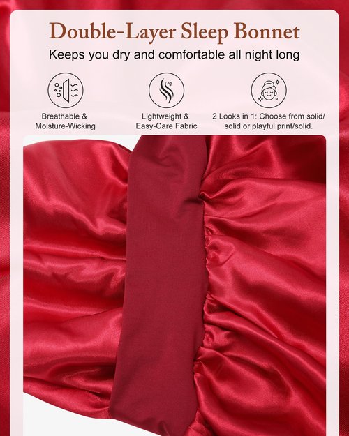 AWAYTR Long Satin Bonnet for Women - Double Layer Elastic Silk Bonnet for Braids Hair Sleeping Cap with Tie Band (Wine Red)